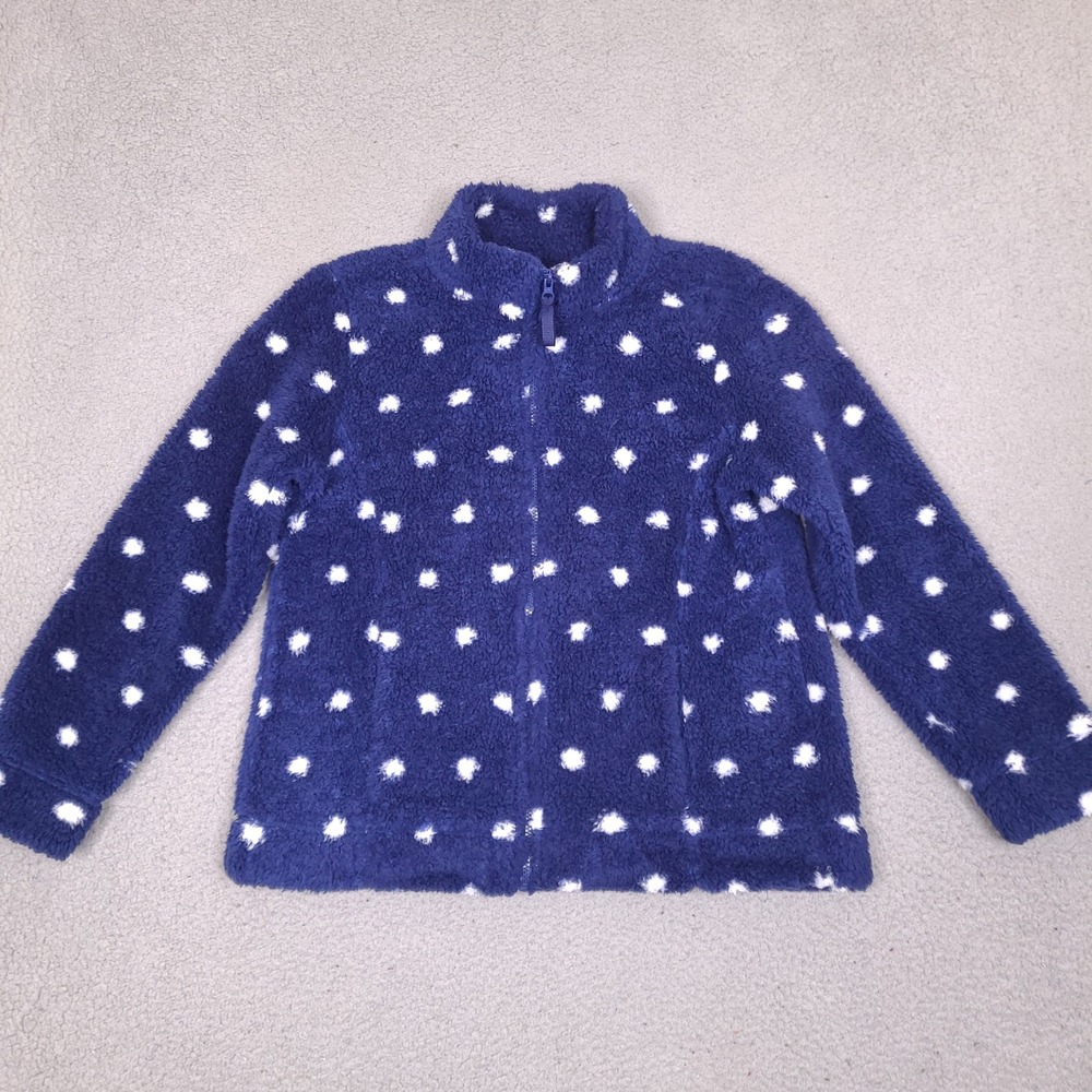 Croft & Barrow Jacket Women Medium Blue White Polka Dot Faux Fur Sherpa Full Zip